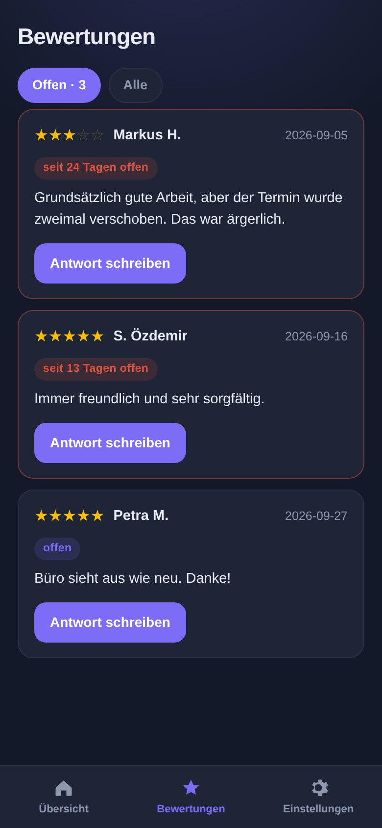 Die Liste der offenen Bewertungen in Kudora