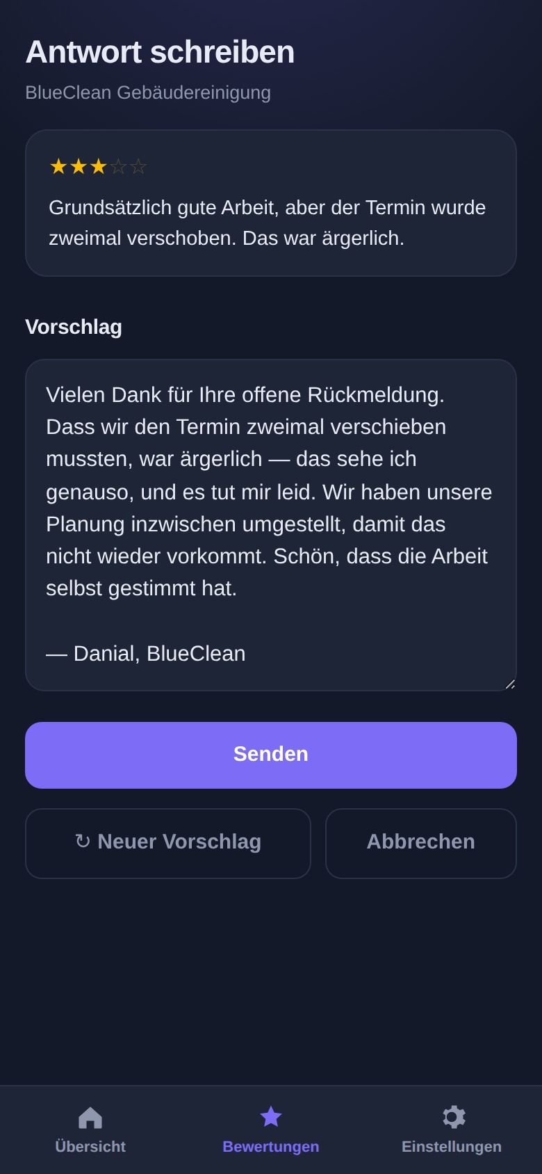 Der fertige Antwortvorschlag, bereit zum Senden